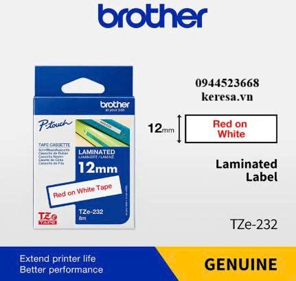 NHÃN IN TZE-232 CHỮ ĐỎ NỀN TRẮNG 12MM X 8M